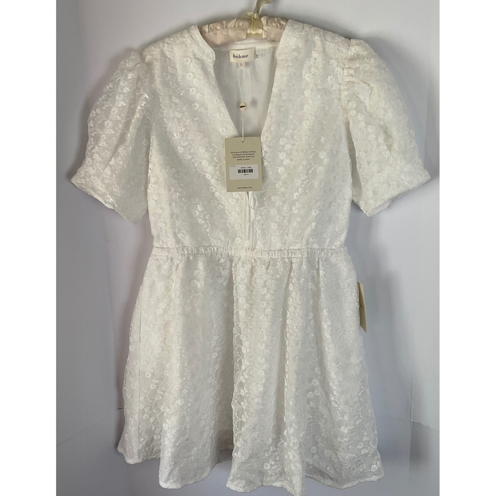 Bohme White Floral Lace Puff Sleeve Mini Dress V-Neck S24145 Womens Large NWT